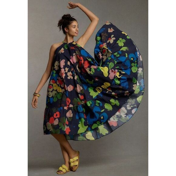 Anthropologie Whit Two Floral Halter Midi Dress Size Large Petite - Picture 1 of 11